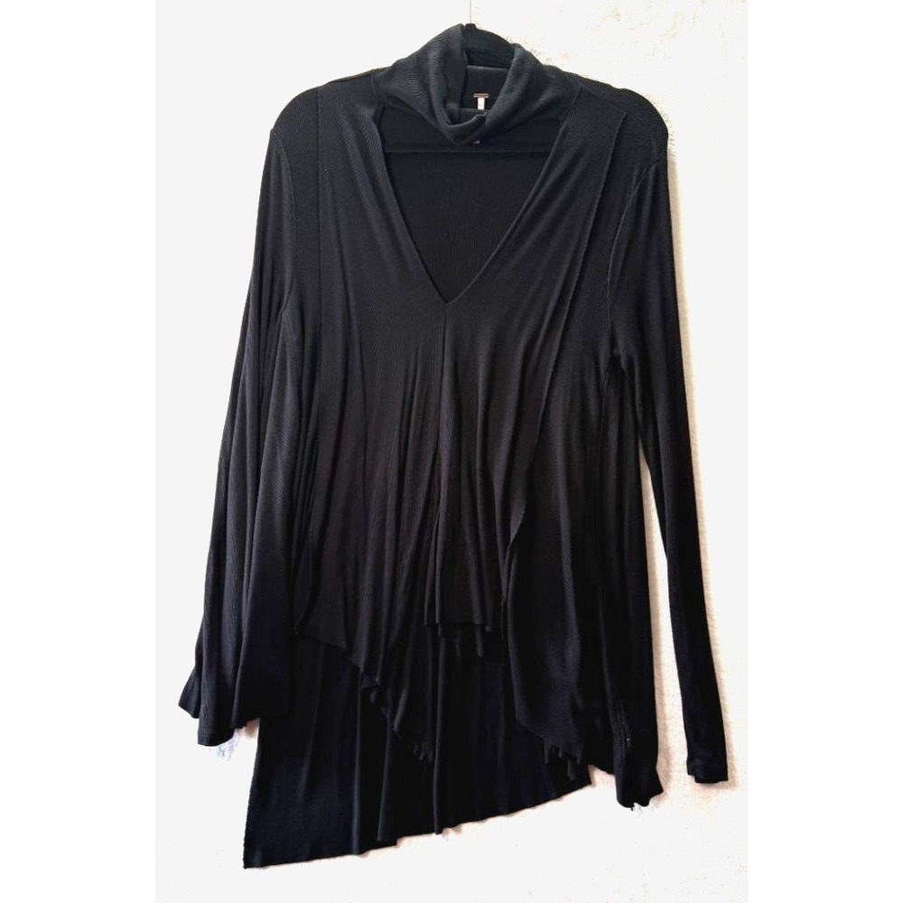 Free People Black Ribbed Cowl Neck Tunic Top Asymmetric Hi-Low Layered Boho S